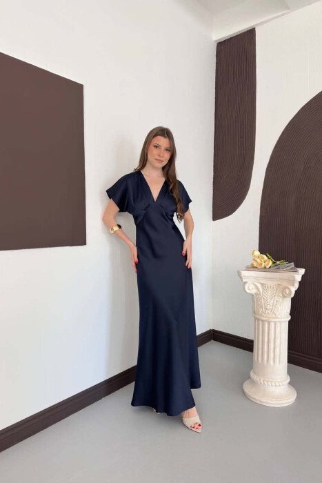 ONE COLOR V NECK SHINY WOMAN DRESS BLUE/BLU - KLAUDIO FASHION