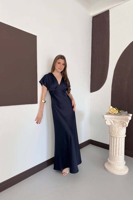 ONE COLOR V NECK SHINY WOMAN DRESS BLUE/BLU - 3