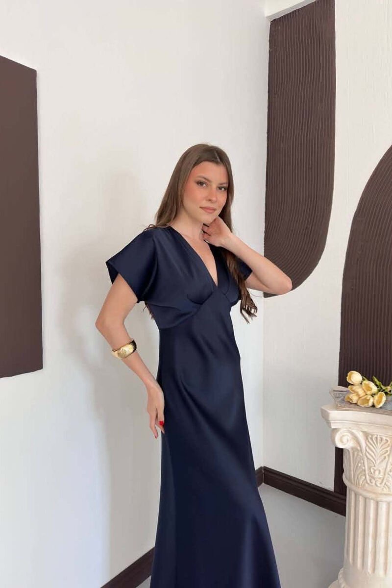ONE COLOR V NECK SHINY WOMAN DRESS BLUE/BLU - 4