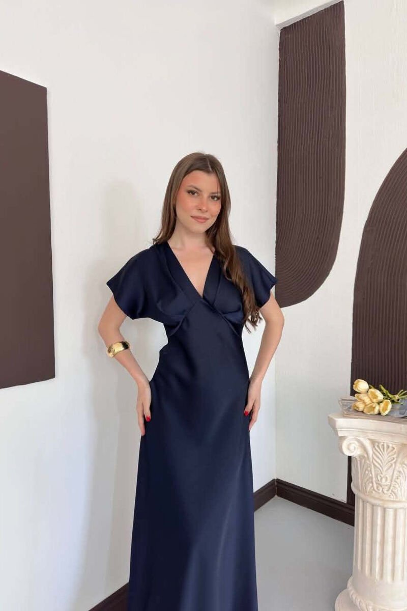 ONE COLOR V NECK SHINY WOMAN DRESS BLUE/BLU - 7