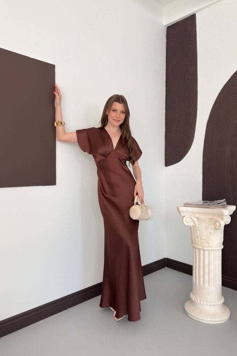 ONE COLOR V NECK SHINY WOMAN DRESS BROWN/KAFE - KLAUDIO FASHION