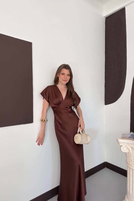 ONE COLOR V NECK SHINY WOMAN DRESS BROWN/KAFE - 2
