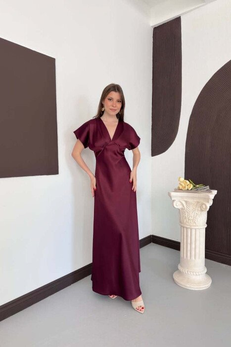ONE COLOR V NECK SHINY WOMAN DRESS BURGUNDY/VISHNJE - KLAUDIO FASHION