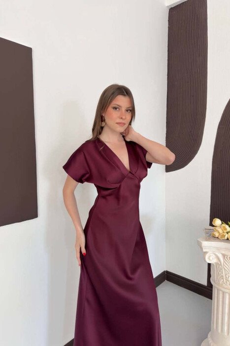 ONE COLOR V NECK SHINY WOMAN DRESS BURGUNDY/VISHNJE - 2