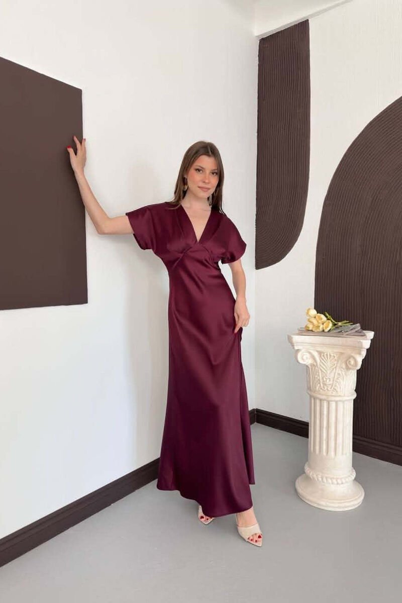 ONE COLOR V NECK SHINY WOMAN DRESS BURGUNDY/VISHNJE - 3