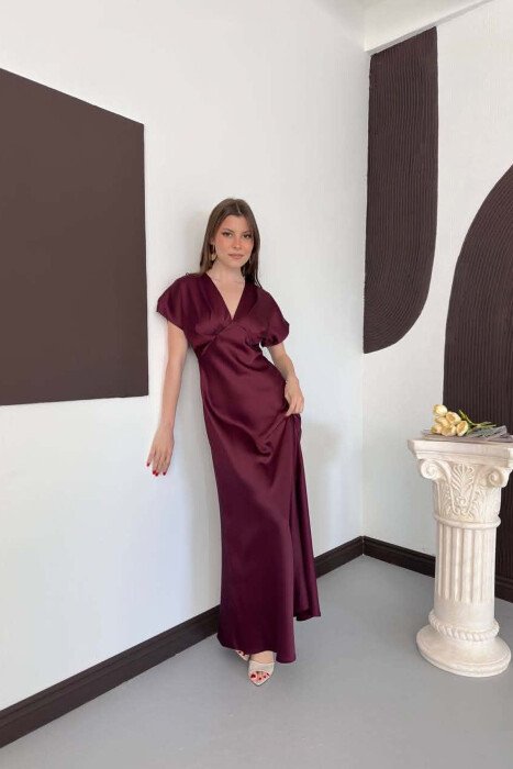 ONE COLOR V NECK SHINY WOMAN DRESS BURGUNDY/VISHNJE - 4