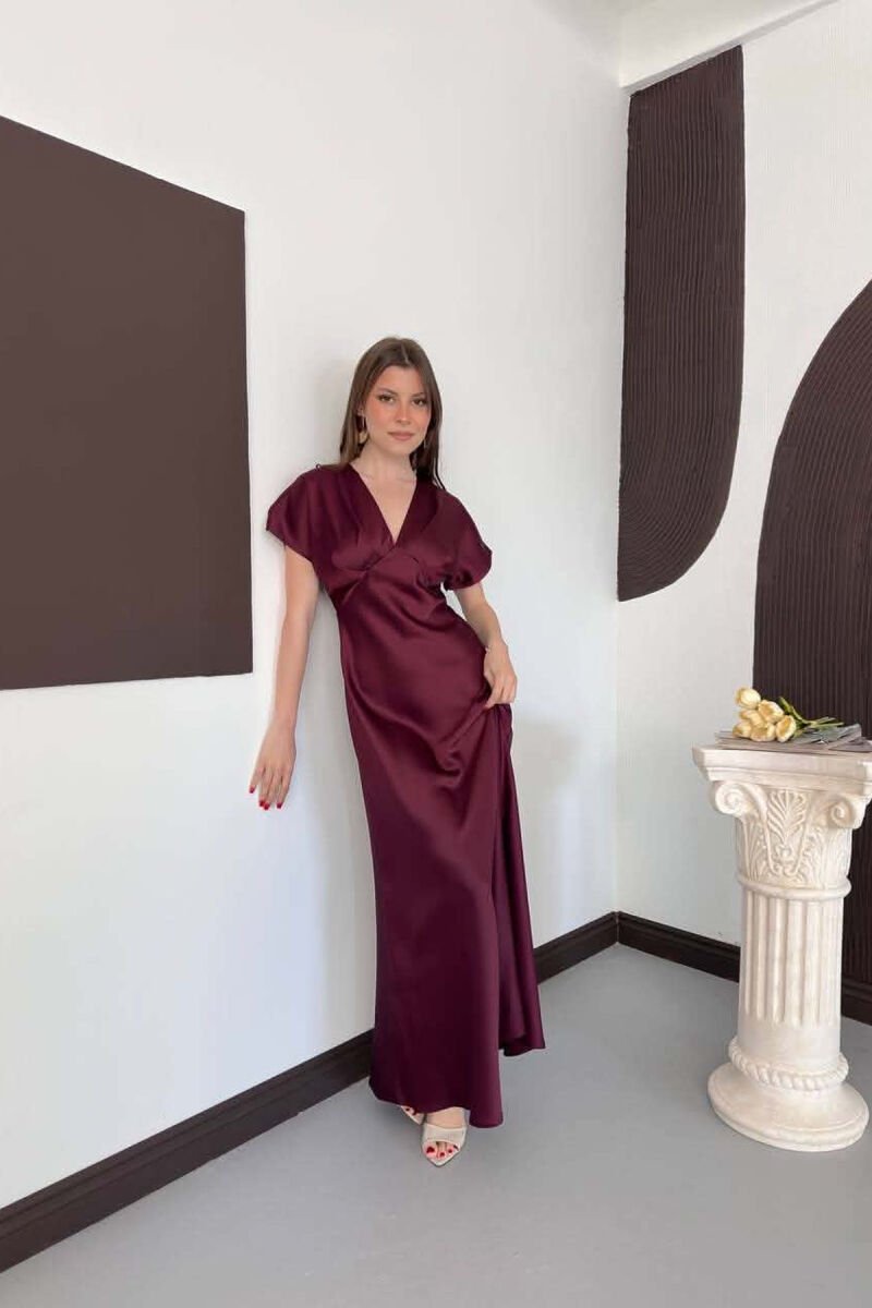 ONE COLOR V NECK SHINY WOMAN DRESS BURGUNDY/VISHNJE - 4