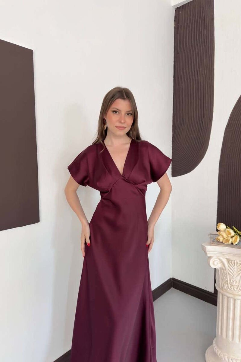 ONE COLOR V NECK SHINY WOMAN DRESS BURGUNDY/VISHNJE - 5