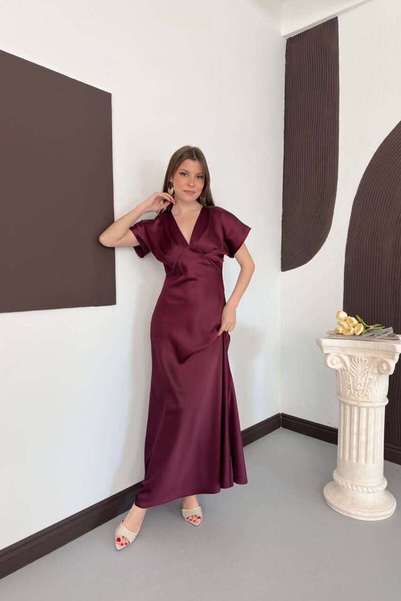 ONE COLOR V NECK SHINY WOMAN DRESS BURGUNDY/VISHNJE - 6