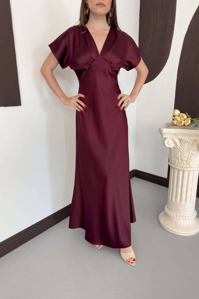 ONE COLOR V NECK SHINY WOMAN DRESS BURGUNDY/VISHNJE - 7