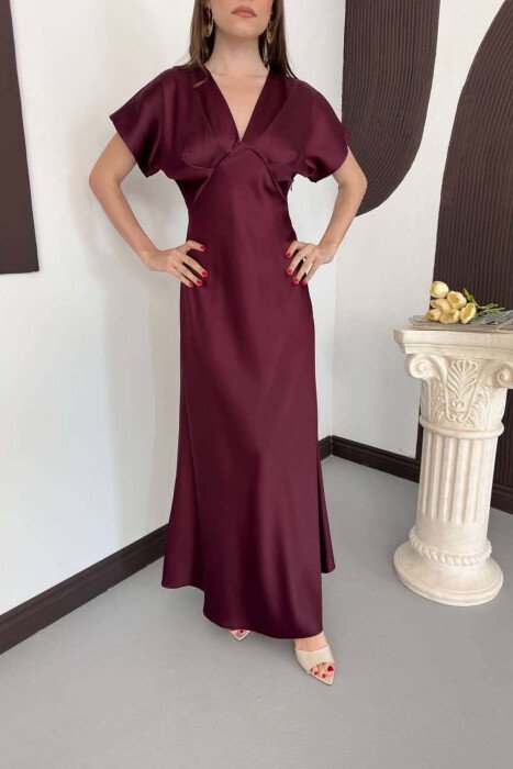 ONE COLOR V NECK SHINY WOMAN DRESS BURGUNDY/VISHNJE - 8
