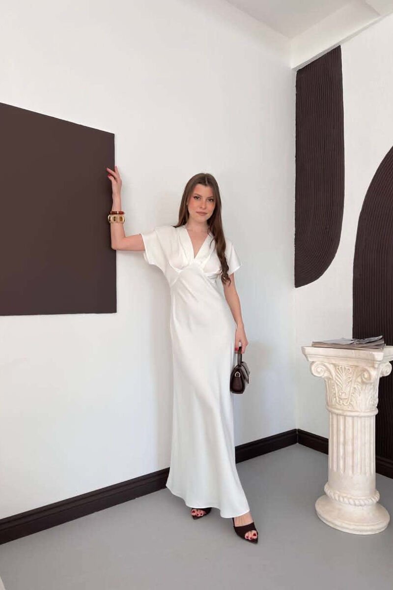 ONE COLOR V NECK SHINY WOMAN DRESS WHITE-E BARDHE - 3