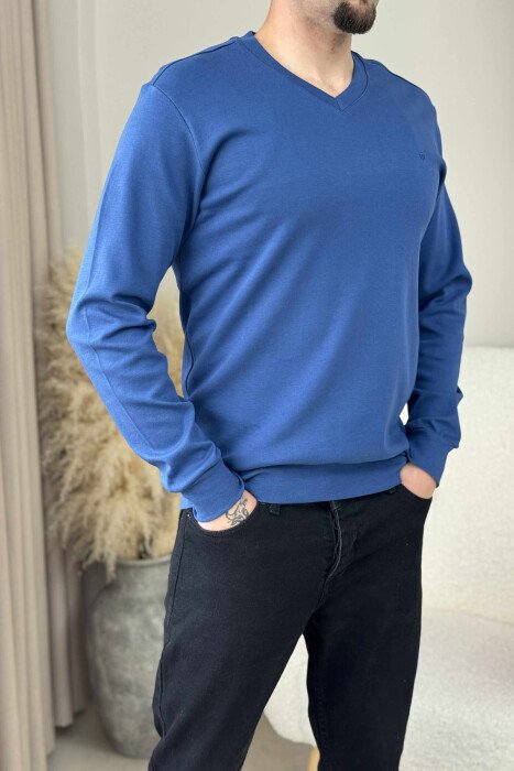 ONE COLOR V NECK SIMPLE MEN SWEATSHIRT BLUE/BLU - 3