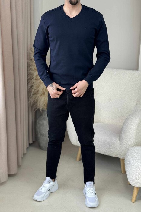 ONE COLOR V NECK SIMPLE MEN SWEATSHIRT DARK BLUE/BEE - 1