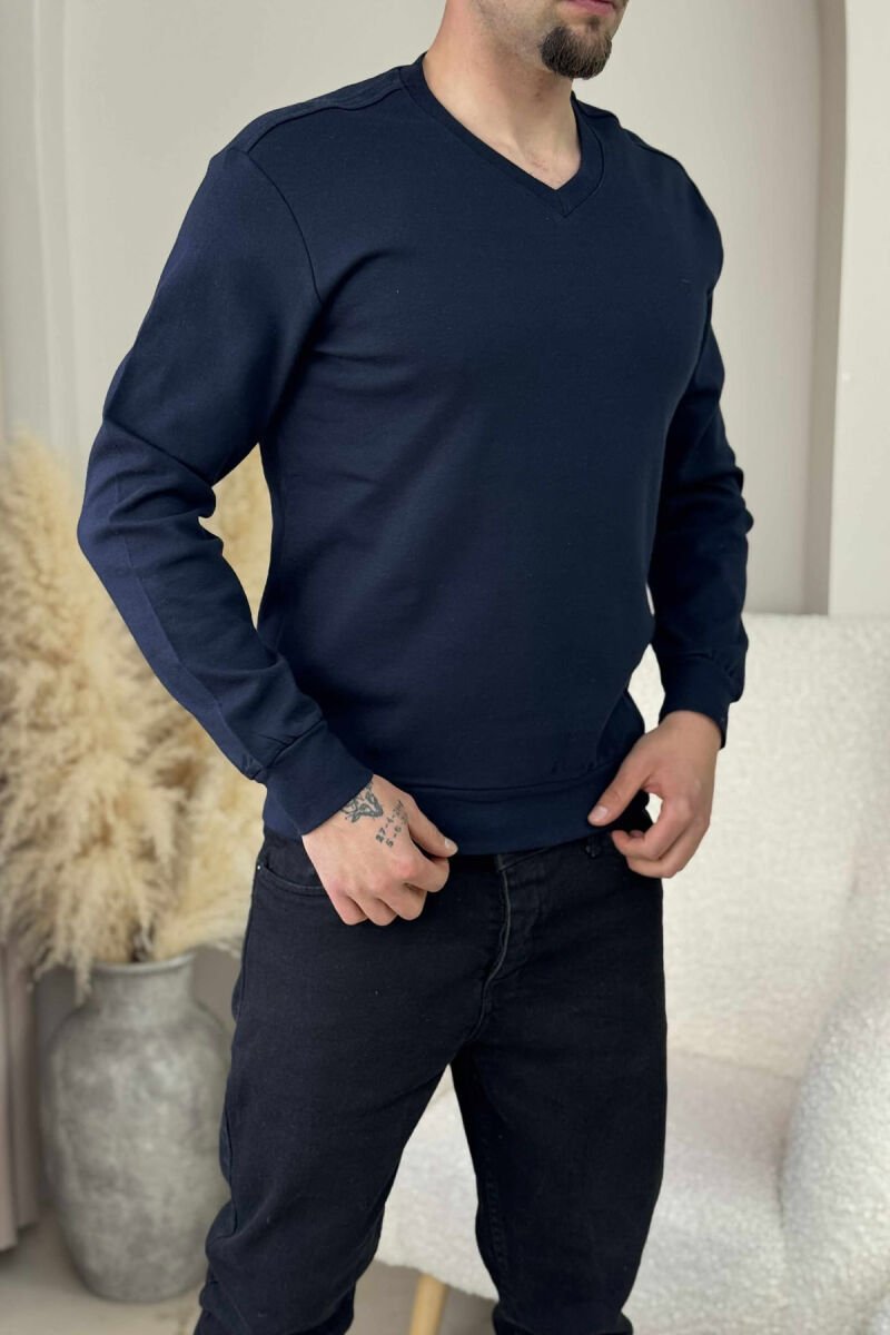 ONE COLOR V NECK SIMPLE MEN SWEATSHIRT DARK BLUE/BEE - 2
