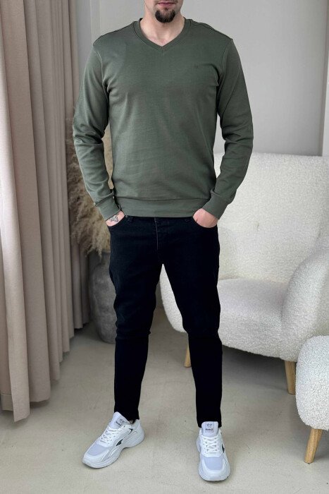 ONE COLOR V NECK SIMPLE MEN SWEATSHIRT GREEN/JESHILE 