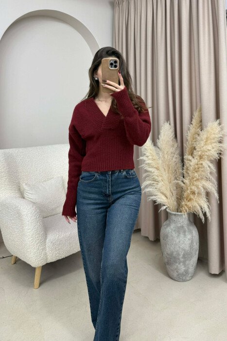 ONE COLOR V NECK SIMPLE WOMEN SWEATER BURGUNDY/VISHNJE - KLAUDIO FASHION