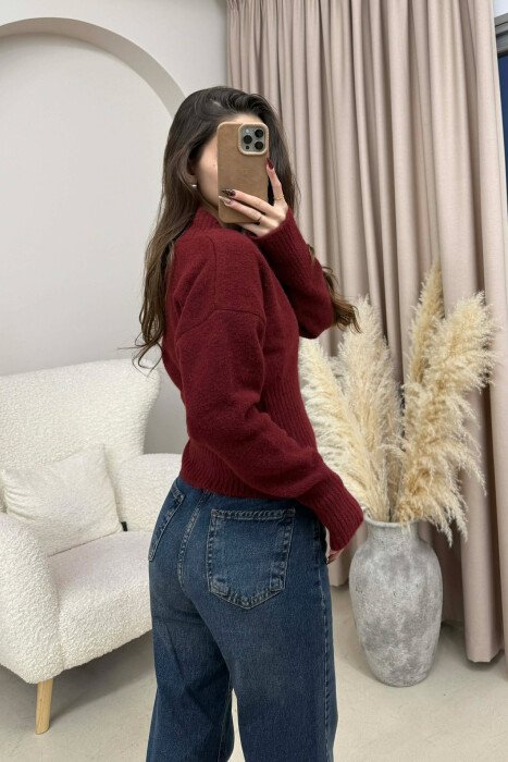 ONE COLOR V NECK SIMPLE WOMEN SWEATER BURGUNDY/VISHNJE - 2