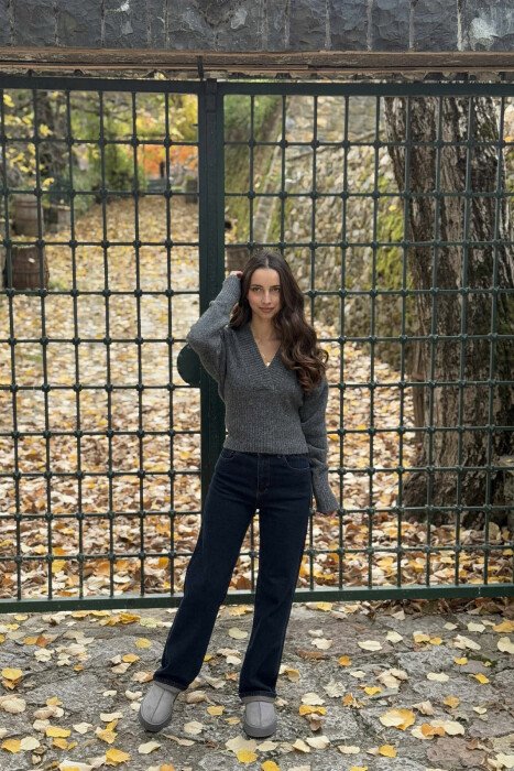 ONE COLOR V NECK SIMPLE WOMEN SWEATER DARK GREY/GEE - 3