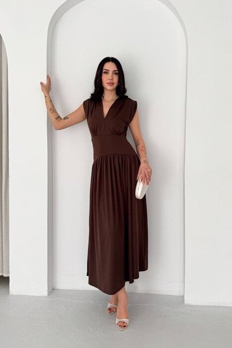 ONE COLOR V NECK SLEEVELESS WOMAN DRESS BROWN/KAFE - KLAUDIO FASHION