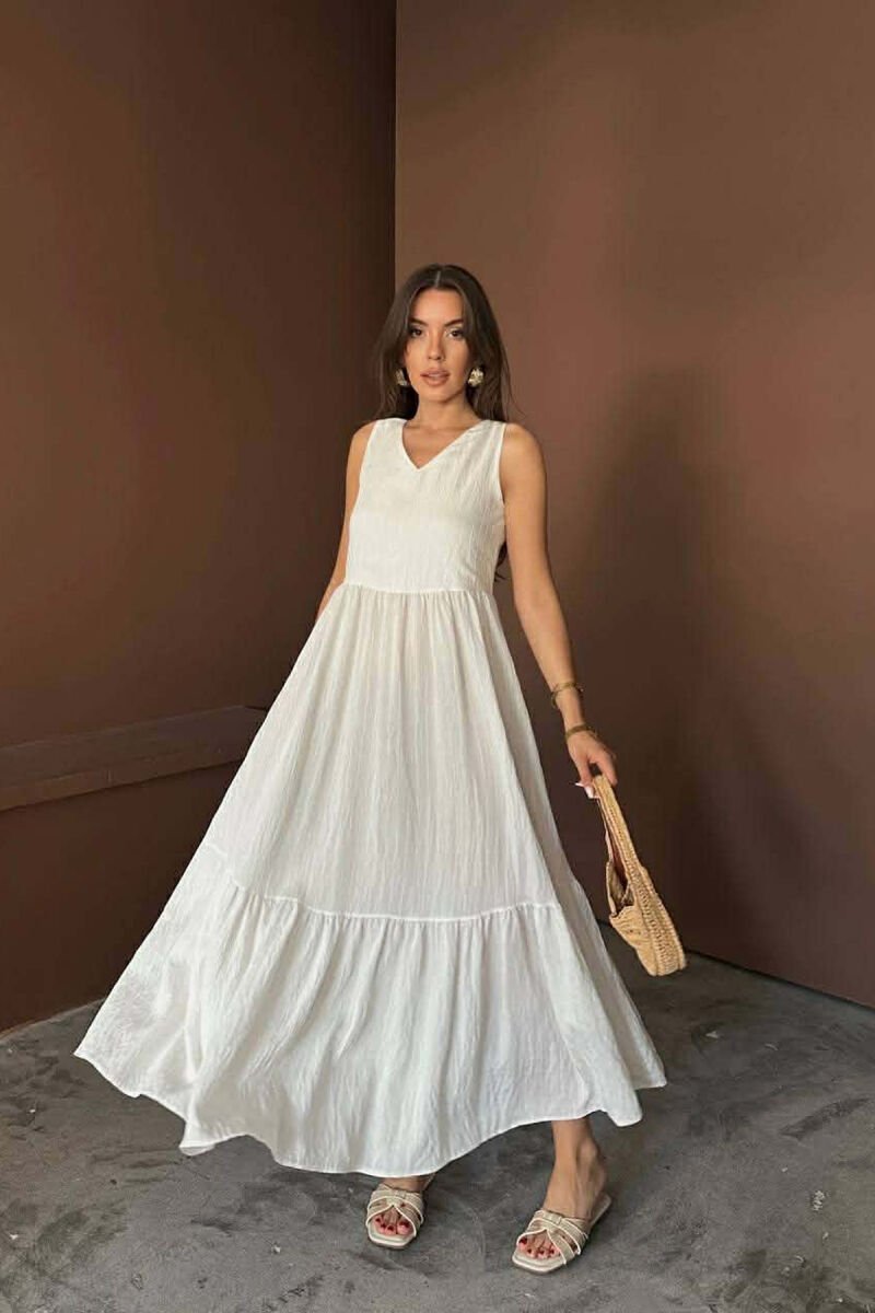 ONE COLOR V NECK SLEEVLESS WOMAN DRESS WHITE-E BARDHE - 1