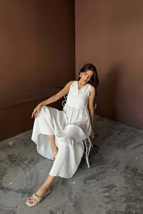 ONE COLOR V NECK SLEEVLESS WOMAN DRESS WHITE-E BARDHE - 4