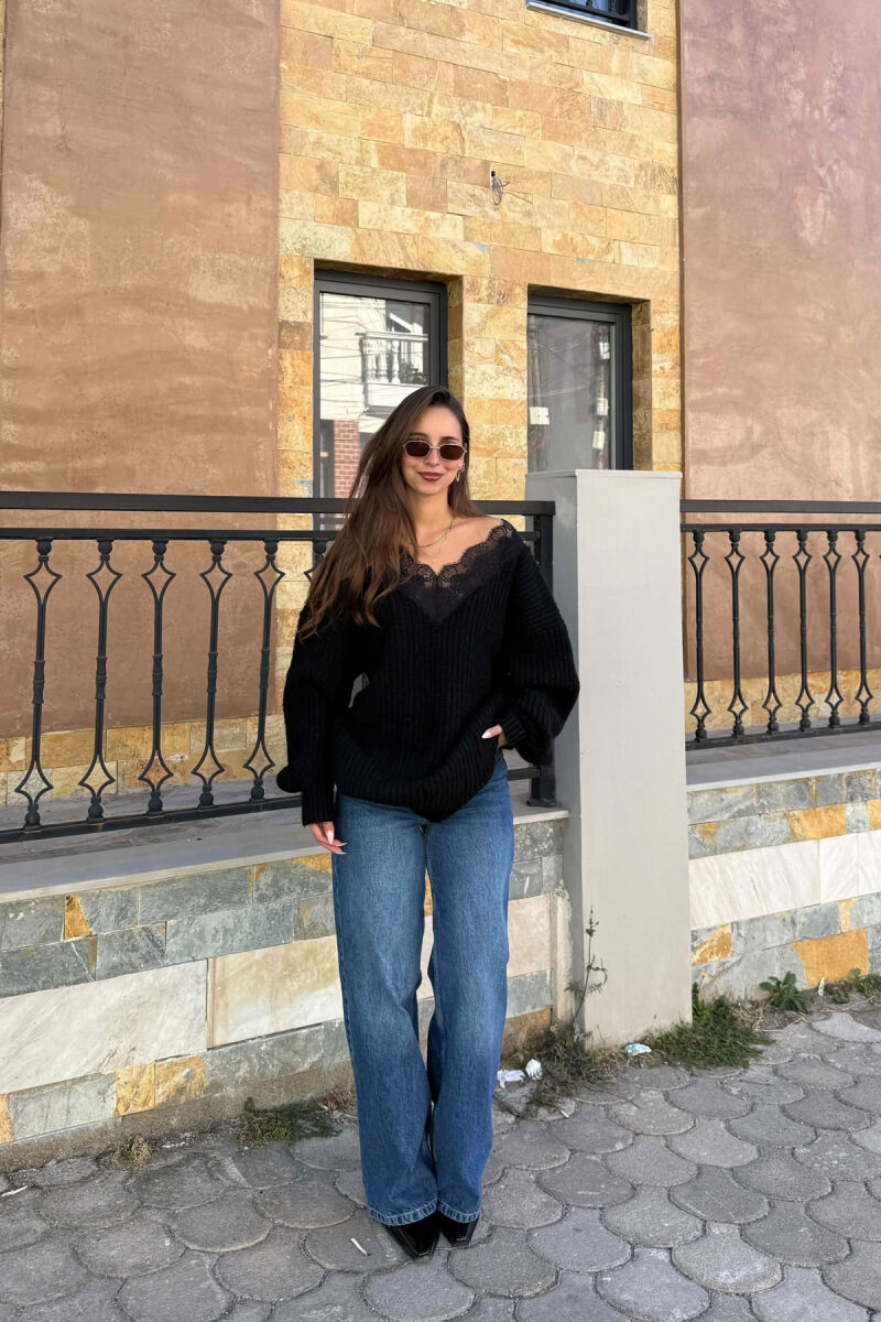 ONE COLOR V NECK TULLE DETAIL WOMAN SWEATER BLACK/ E ZEZE - 3
