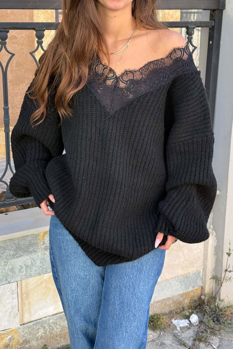 ONE COLOR V NECK TULLE DETAIL WOMAN SWEATER BLACK/ E ZEZE - 5