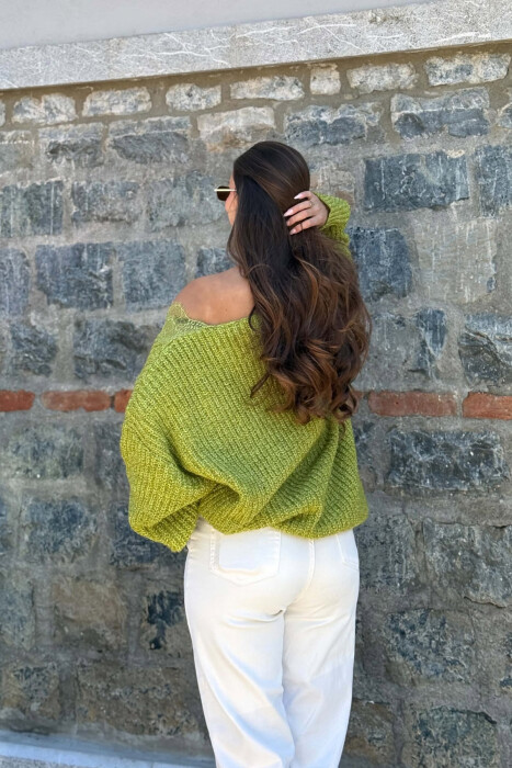 ONE COLOR V NECK TULLE DETAIL WOMAN SWEATER LIGHT GREEN/JEZB - 3