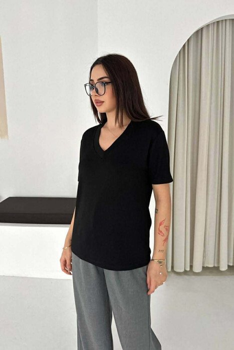 ONE COLOR V-NECK WOMAN T-SHIRT BLACK/ E ZEZE - 2