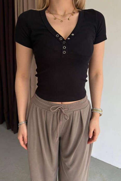 ONE COLOR V NECK WOMAN T-SHIRT BLACK/ E ZEZE - 2