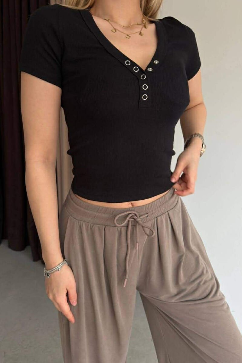 ONE COLOR V NECK WOMAN T-SHIRT BLACK/ E ZEZE - 3