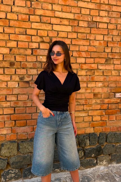 ONE COLOR V NECK WOMAN T- SHIRT BLACK/ E ZEZE - 2
