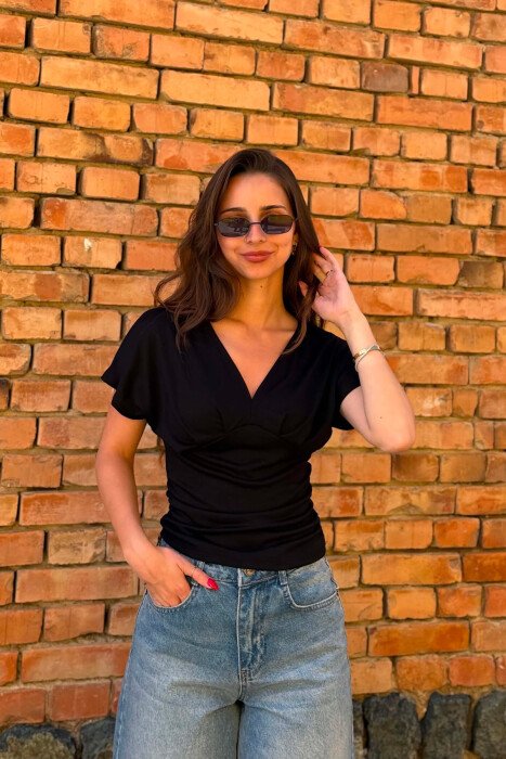 ONE COLOR V NECK WOMAN T- SHIRT BLACK/ E ZEZE - 3