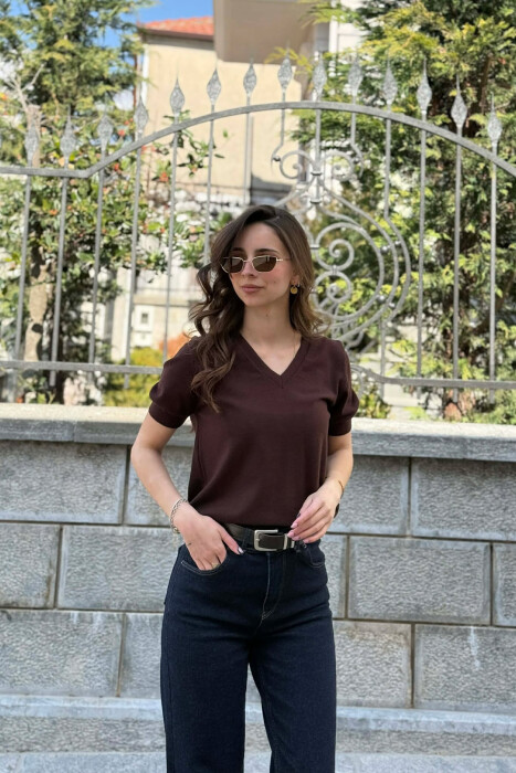 ONE COLOR V NECK WOMAN SWEATER BROWN/KAFE 