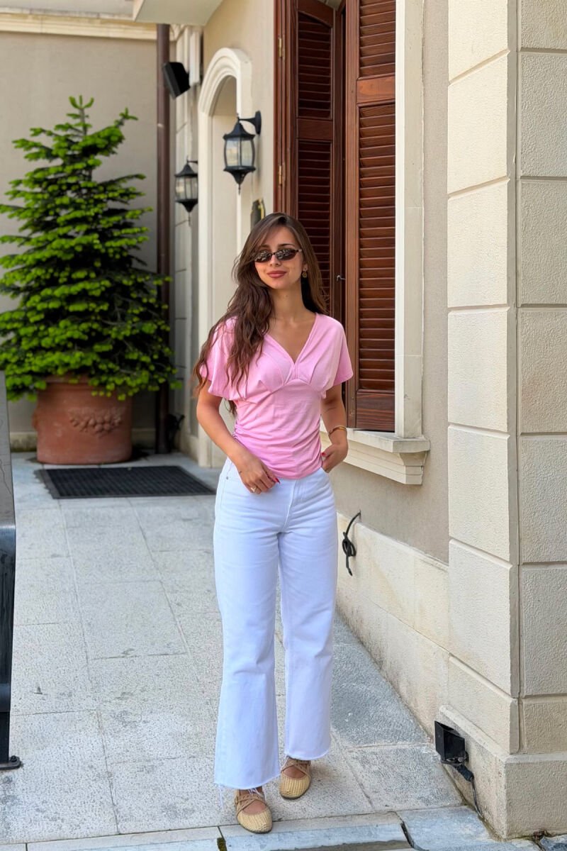 ONE COLOR V NECK WOMAN T- SHIRT PINK/ROZE - 2