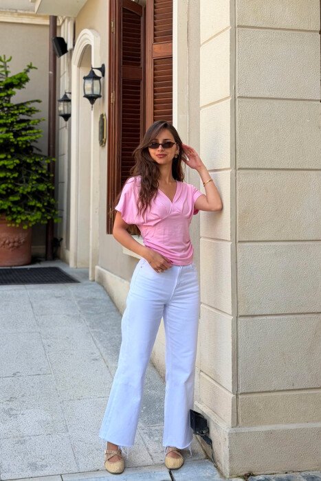 ONE COLOR V NECK WOMAN T- SHIRT PINK/ROZE - 6