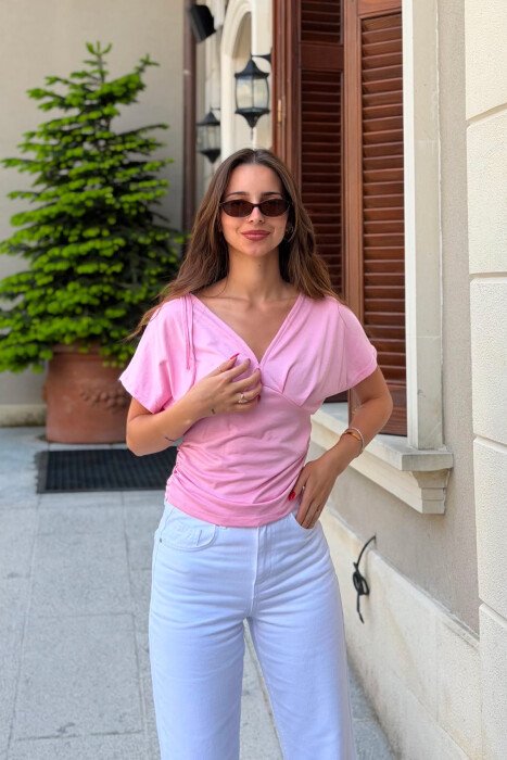 ONE COLOR V NECK WOMAN T- SHIRT PINK/ROZE - 7