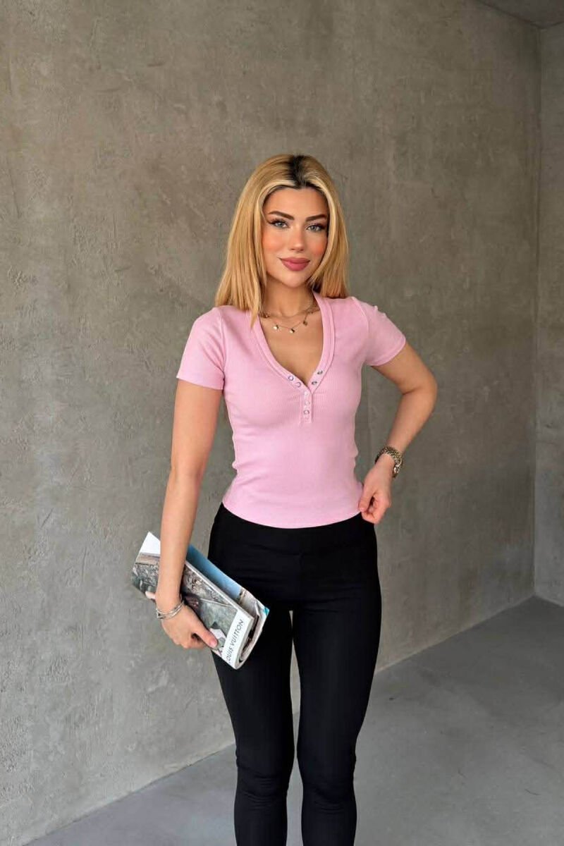 ONE COLOR V NECK WOMAN T-SHIRT PINK/ROZE - 2