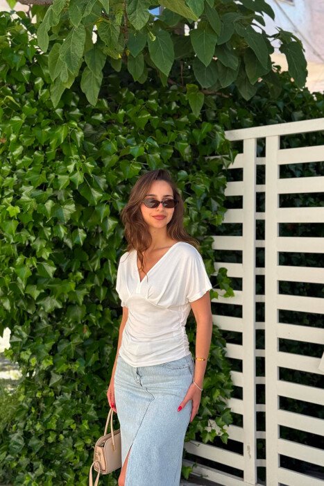 ONE COLOR V NECK WOMAN T- SHIRT WHITE-E BARDHE - 6
