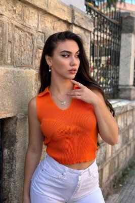 ONE COLOR V-NECK WOMAN TOP ORANGE/PORTOKALLI - 2
