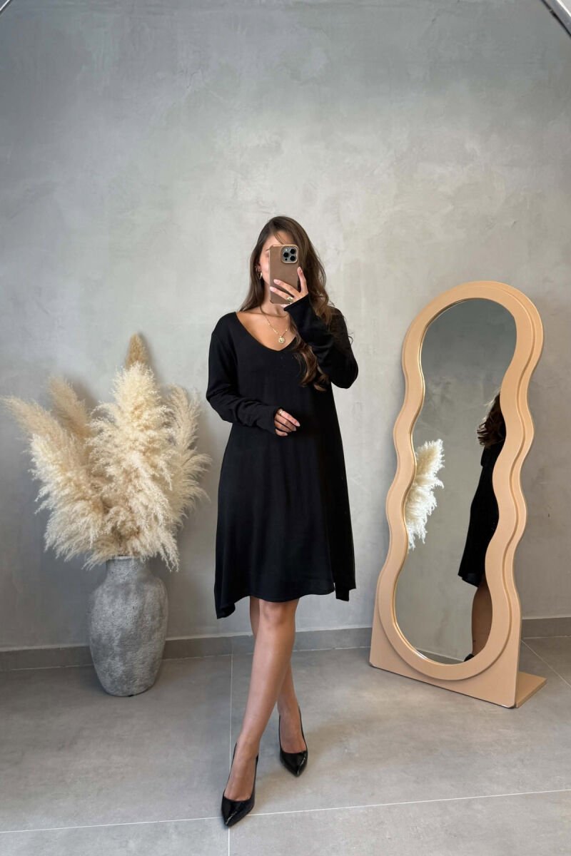 ONE COLOR V NECK WOMEN DRESS BLACK/ E ZEZE - 1