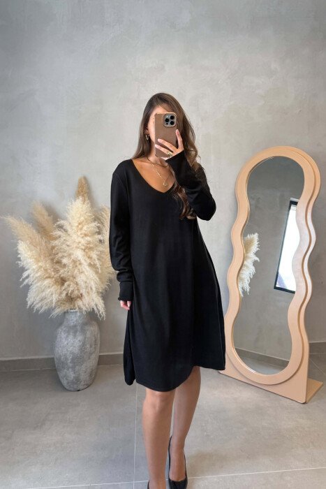 ONE COLOR V NECK WOMEN DRESS BLACK/ E ZEZE - 2