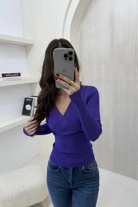 ONE COLOR V NECK WOMEN SWEATER PURPLE/LEJLA - 2