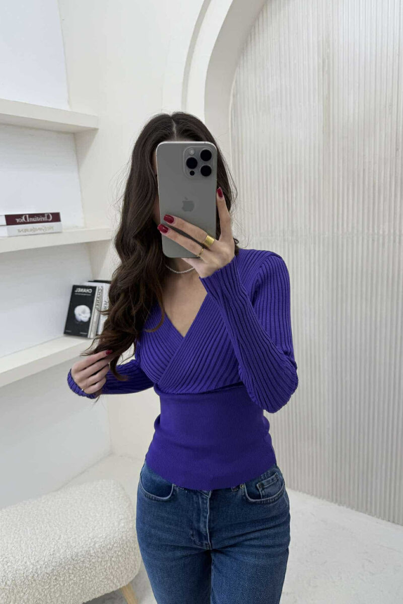 ONE COLOR V NECK WOMEN SWEATER PURPLE/LEJLA - 2
