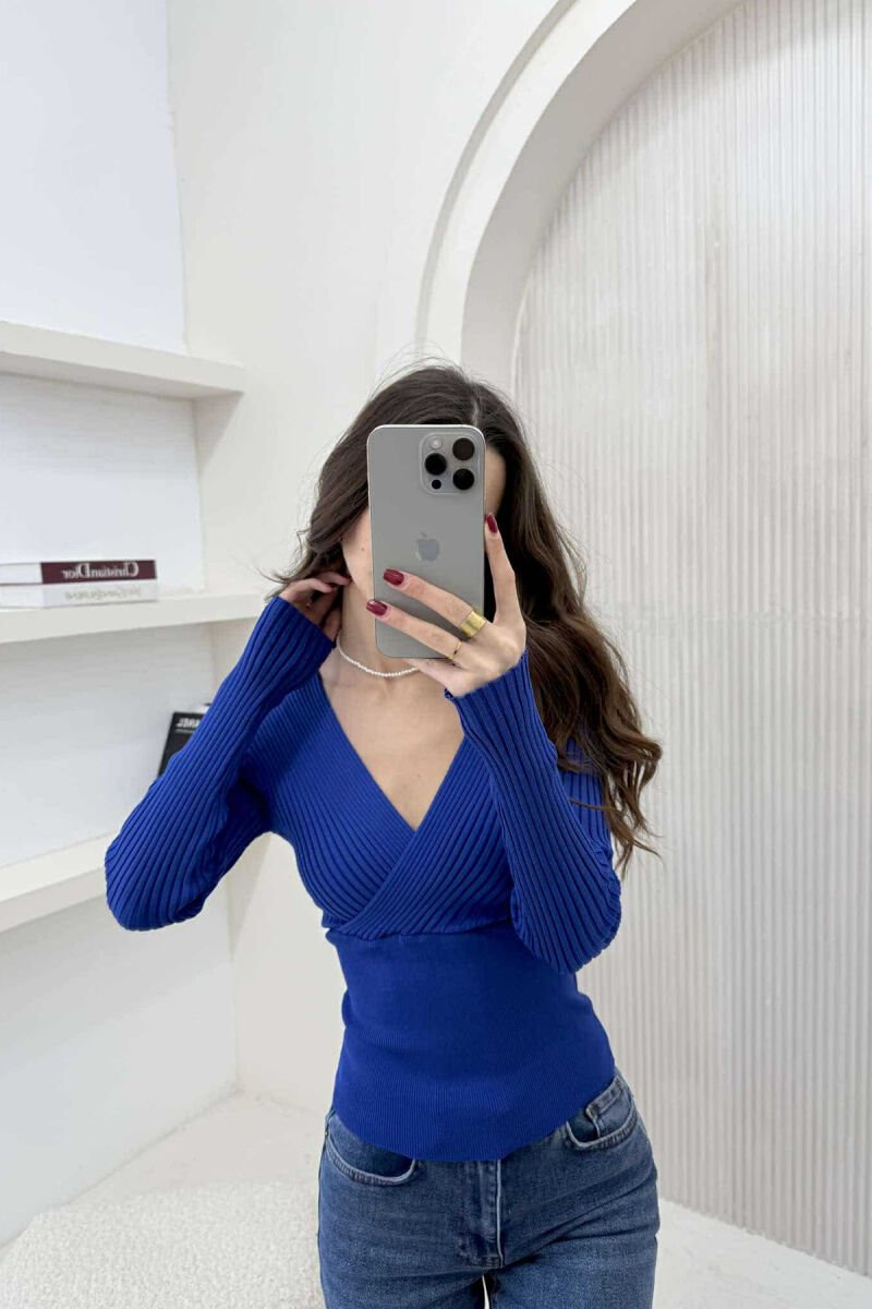 ONE COLOR V NECK WOMEN SWEATER BLUE/BLU - 2