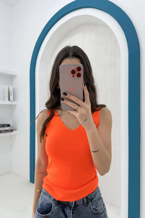 ONE COLOR V NECK WOMEN TANK TOP ORANGE/PORTOKALLI - KLAUDIO FASHION