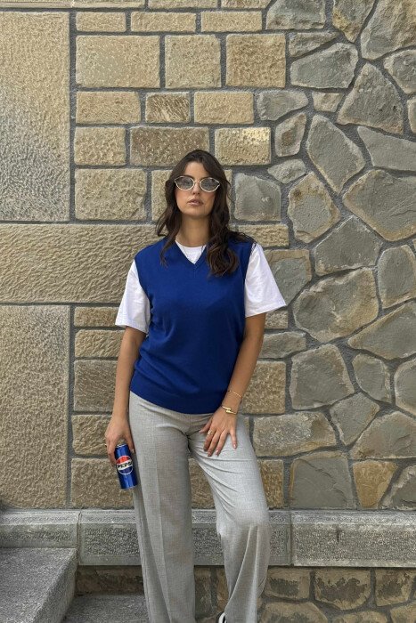 ONE COLOR V NECK WOMEN VEST BLUE/BLU - 6