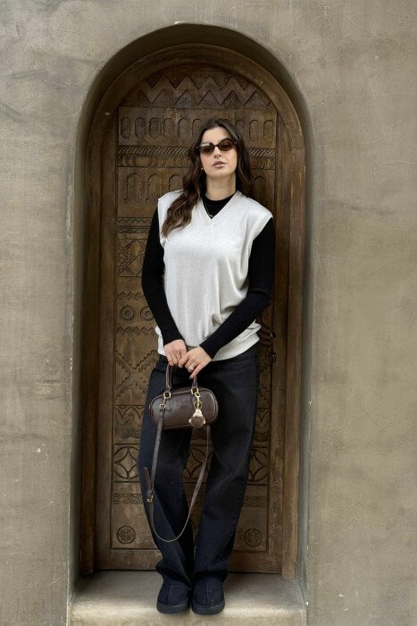 ONE COLOR V NECK WOMEN VEST CREAM/KREM 