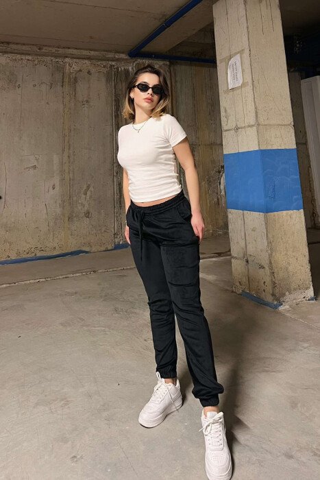 ONE COLOR VELVET ELASTIC WAIST WOMEN SWEATPANTS BLACK/ E ZEZE - 3